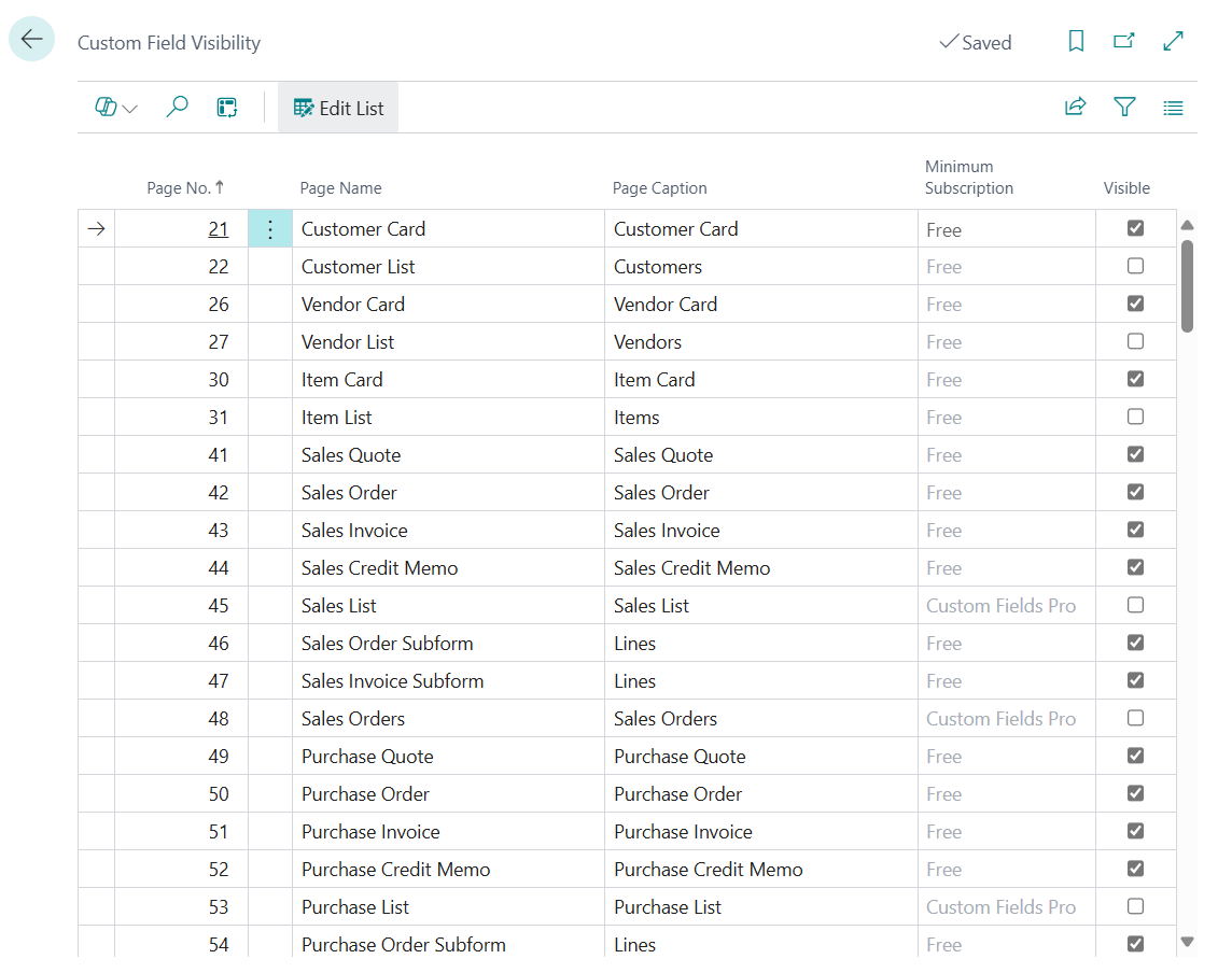 Custom Field Visibility Page