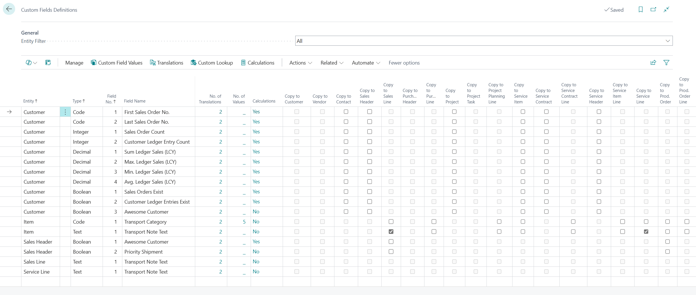 Custom Fields Definitions Page