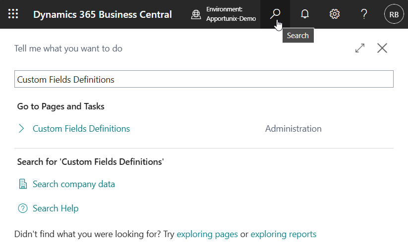 Search for Custom Fields Definitions Page